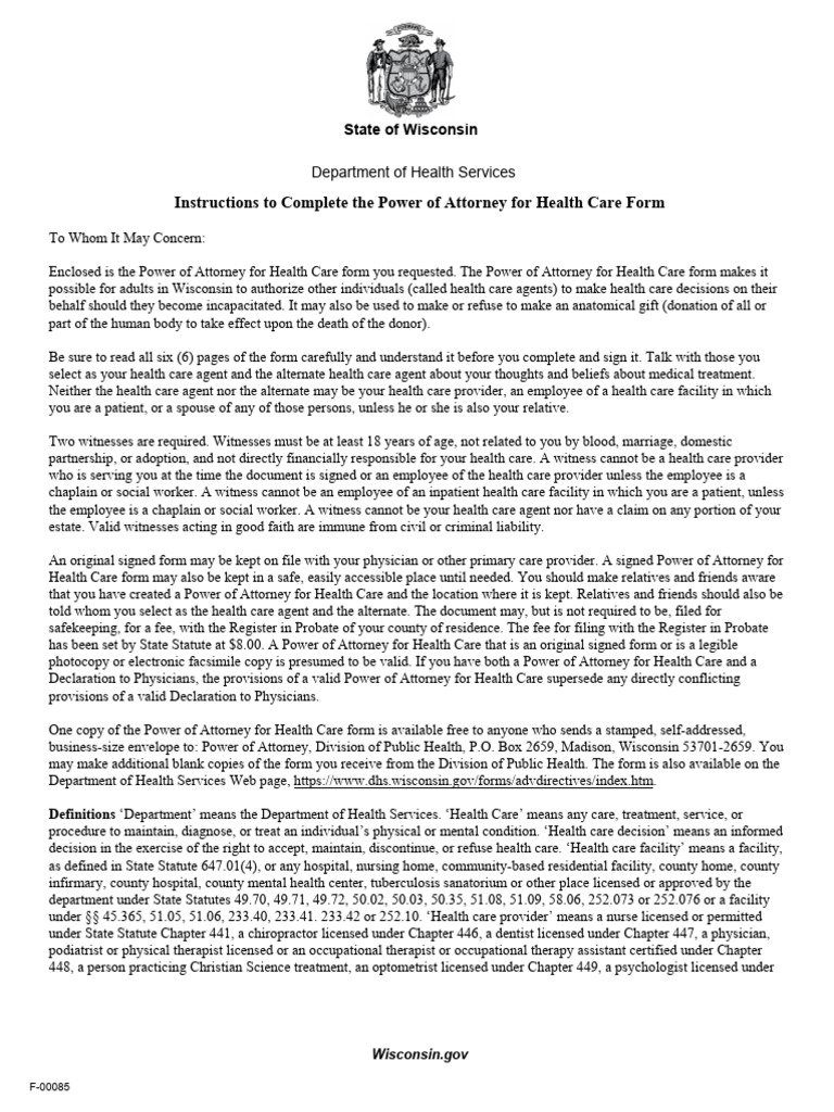Wisconsin Health Care Power of Attorney Guide | PDF | Power Of Attorney ...