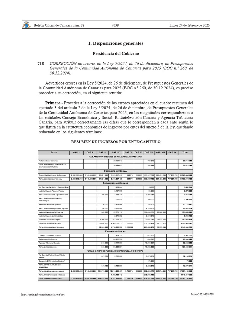 Corrección Ley de Presupuestos 2025 BOC 38 | PDF | Gobierno