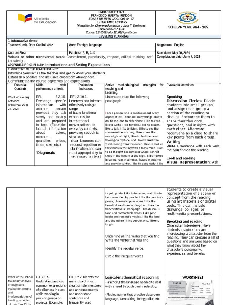 English Leveling Plan 2024-2025 | PDF | Learning | Cognition