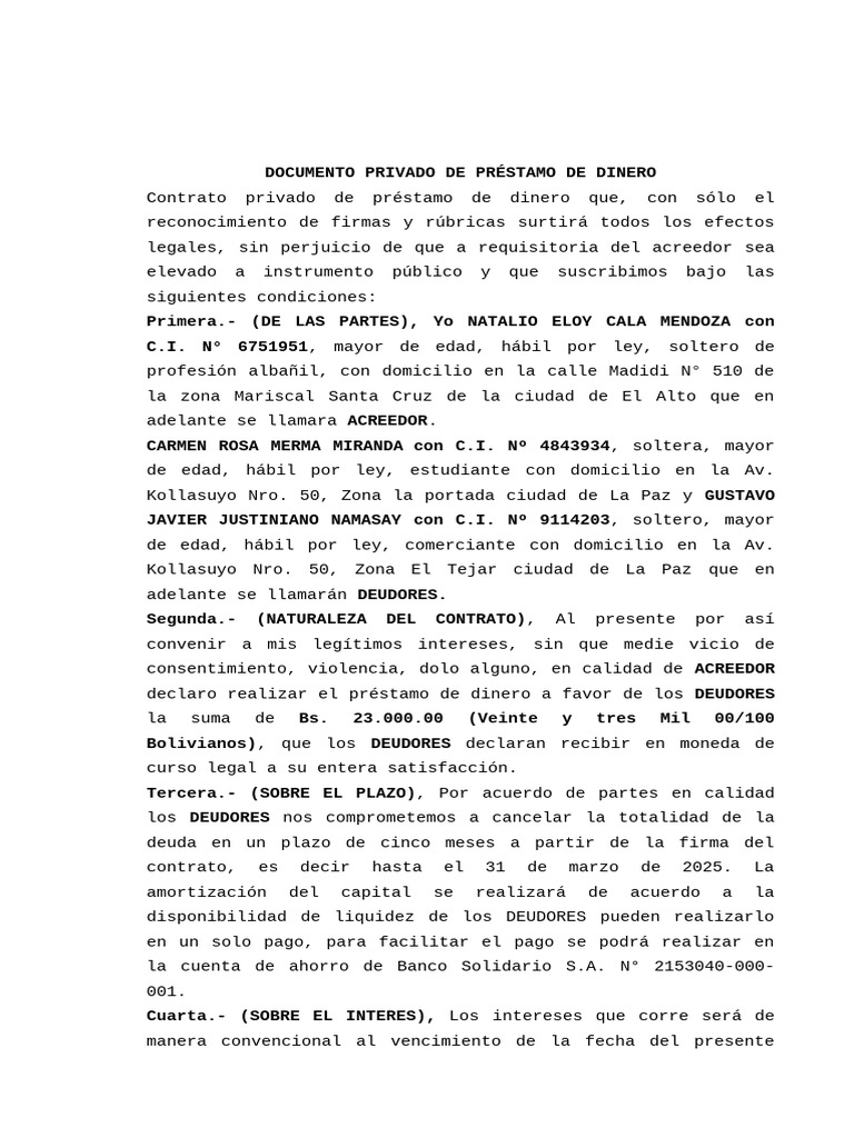 Contrato de Préstamo de Dinero Privado | PDF | Pagos | Dinero