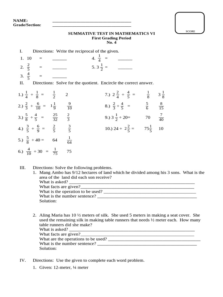 Summative Test in Math V1 I - 4 | PDF | Mathematics