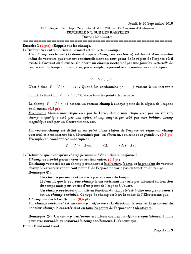 Rappels sur les champs vectoriels en électrostatique | PDF | Champ ...