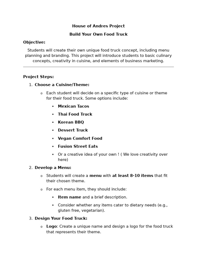 Food Truck Design Project for Students | PDF | Menu | Food Truck