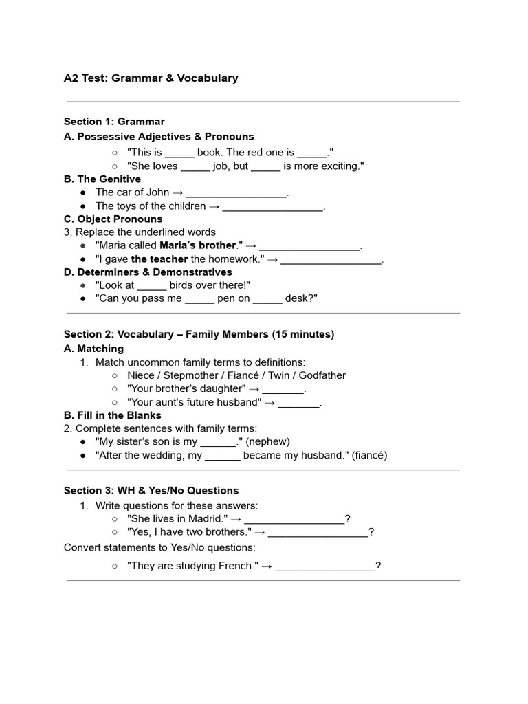 A2 English Test: Grammar & Vocabulary | PDF | Linguistics | Grammar