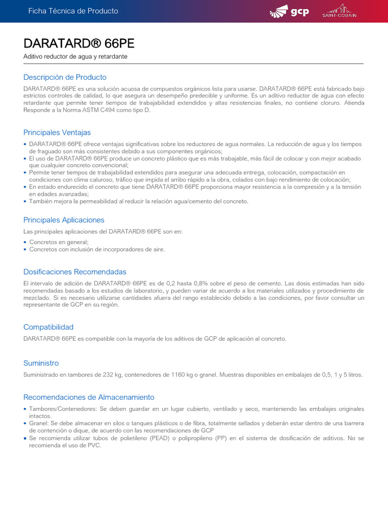 Retardante GCP (Daratard 66pe) | PDF | Hormigón | Cemento