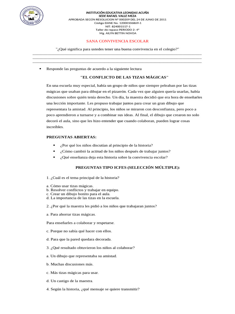 Taller sobre Convivencia Escolar y Conflictos | PDF