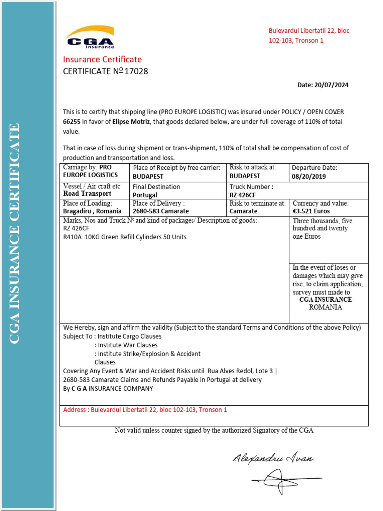 CGA Insurance Certificate for Shipment | PDF | Insurance | Cargo