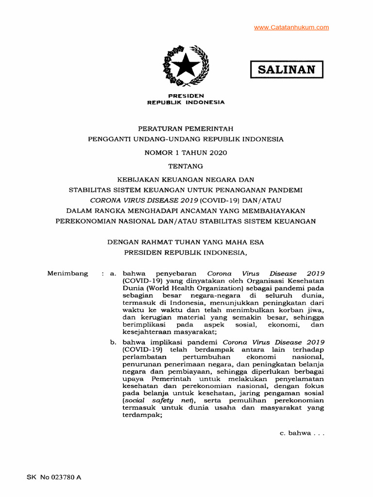 Perpu No. 1 Tahun 2020 | PDF