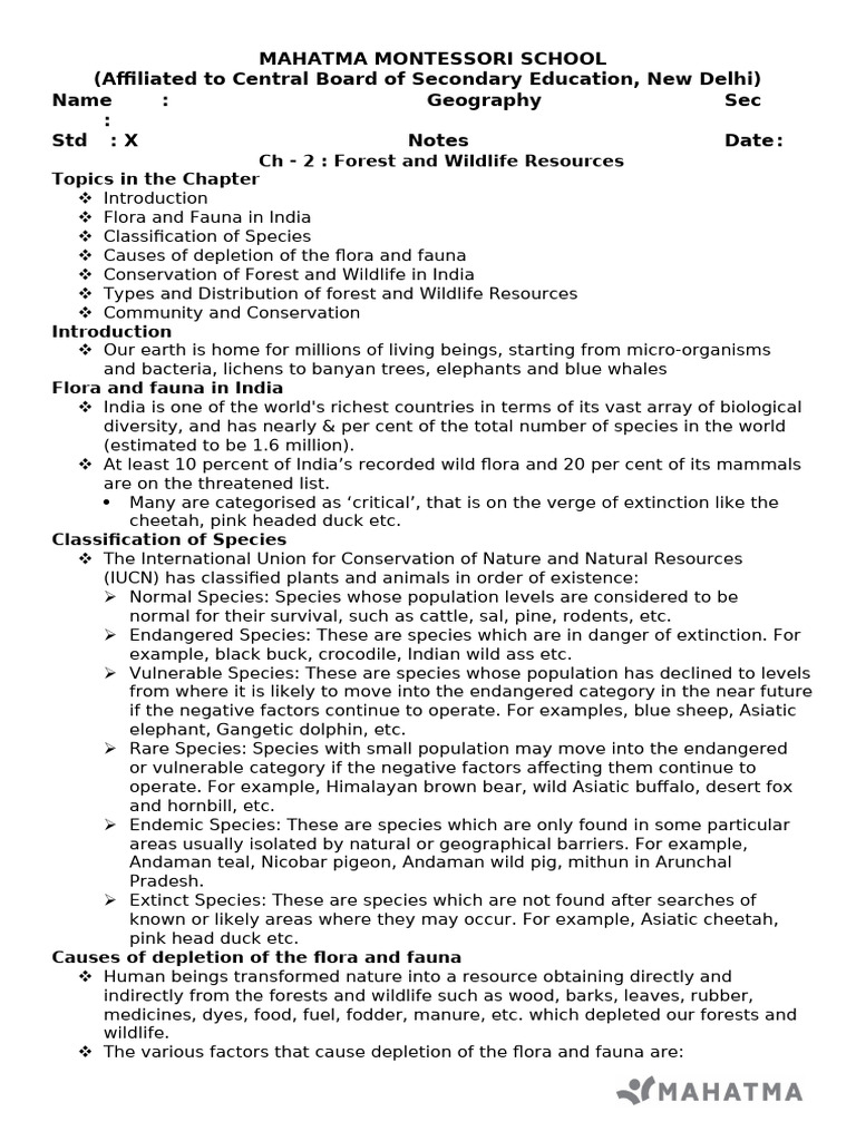 CH - 2 Forest and Wildlife Resources Notes | PDF | Biodiversity ...