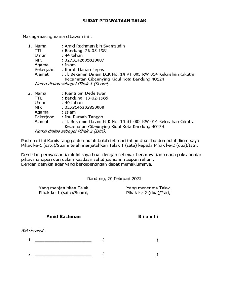 Surat Pernyataan Talak 1 Suami Istri | PDF