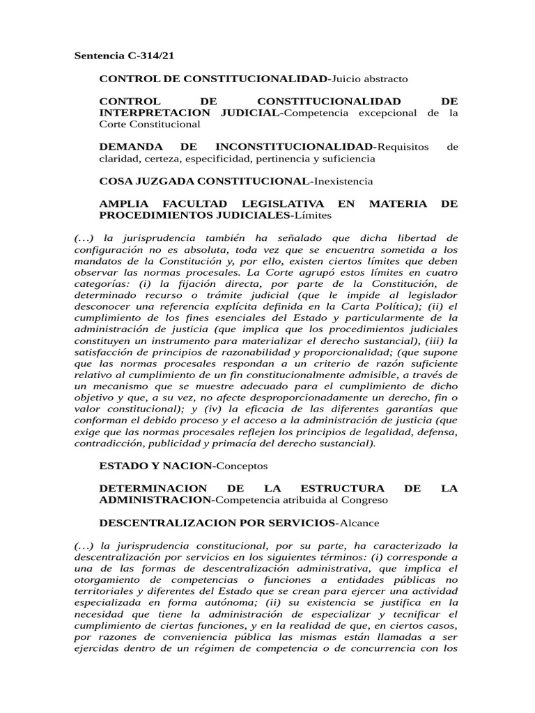 Sentencia C-314/21 sobre Constitucionalidad | PDF | Caso de ley ...
