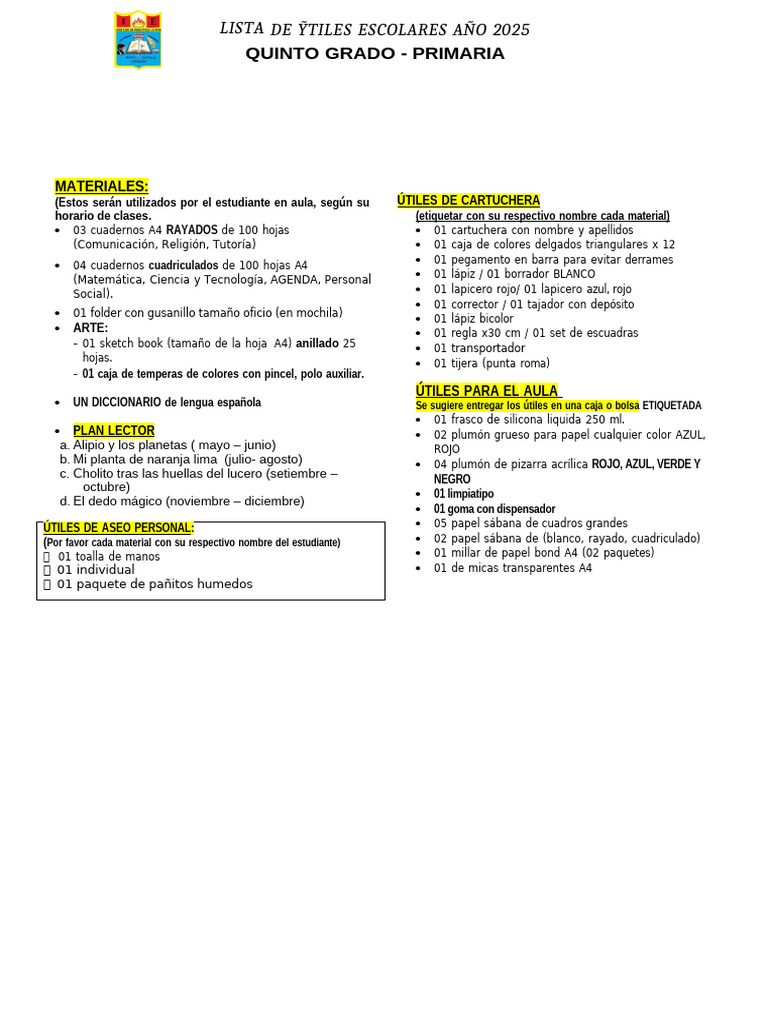 Lista de Útiles Escolares 2025 Quinto Grado | PDF | Diseño gráfico ...