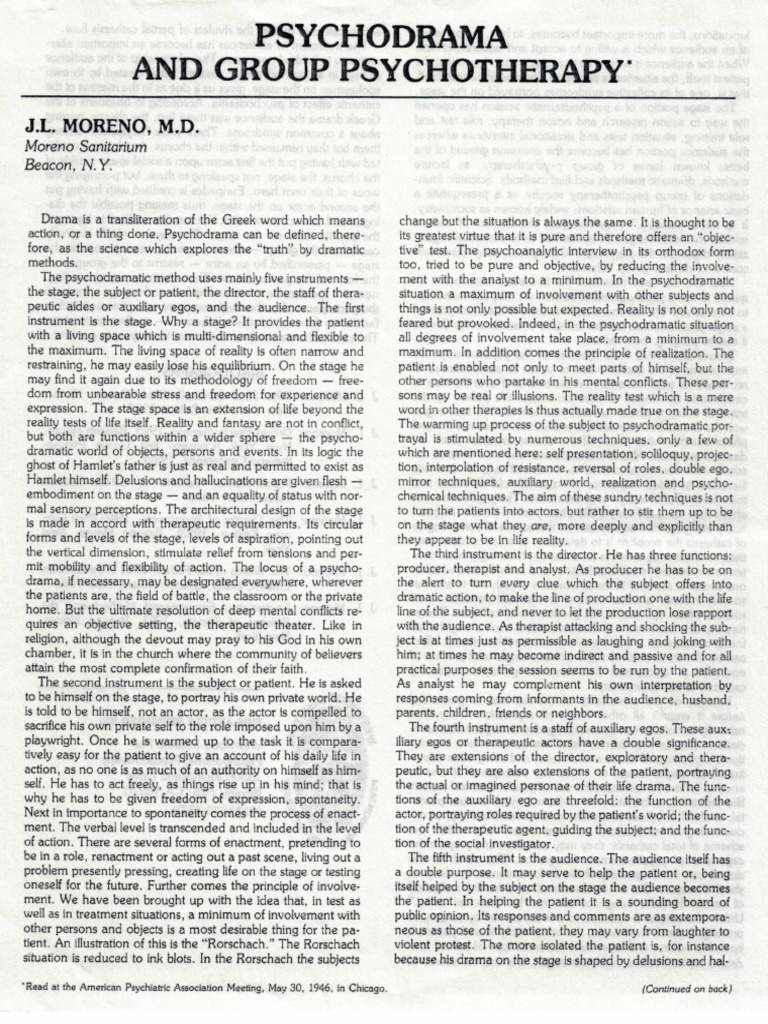 Psychodrama and Group Psychotherapy - Moreno | PDF
