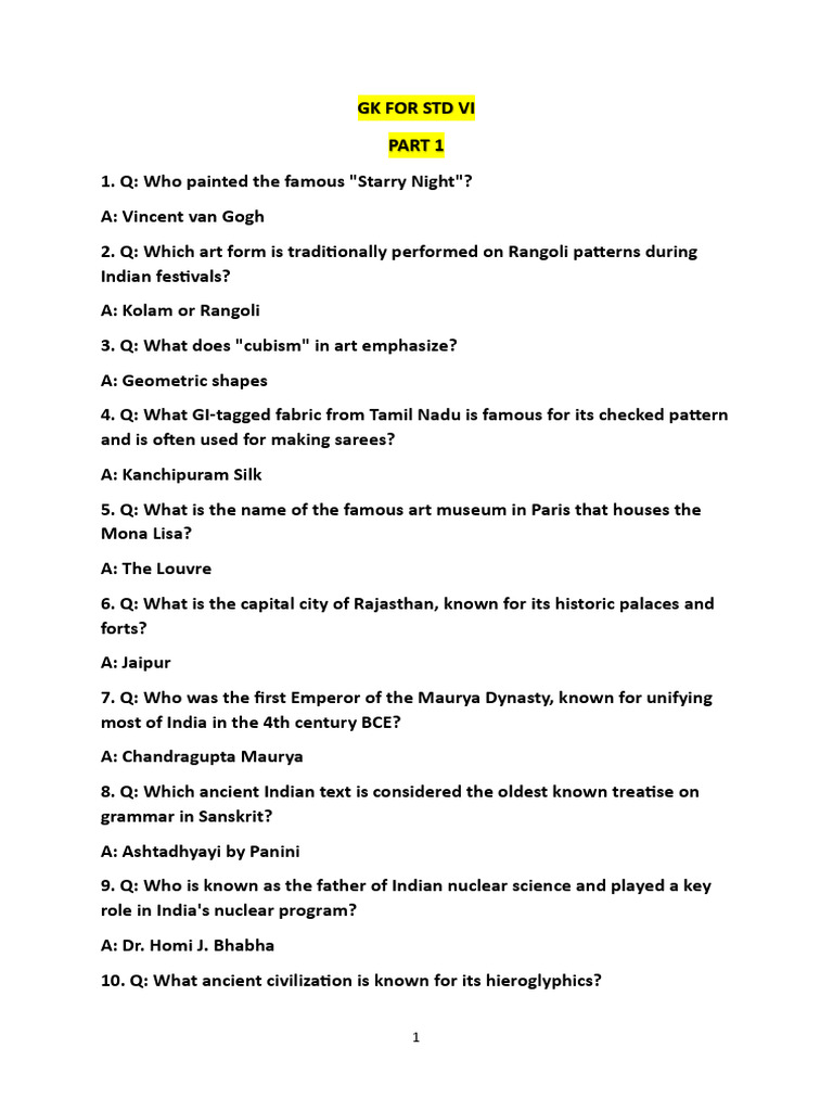 General Knowledge Questions for Grade 6 | PDF