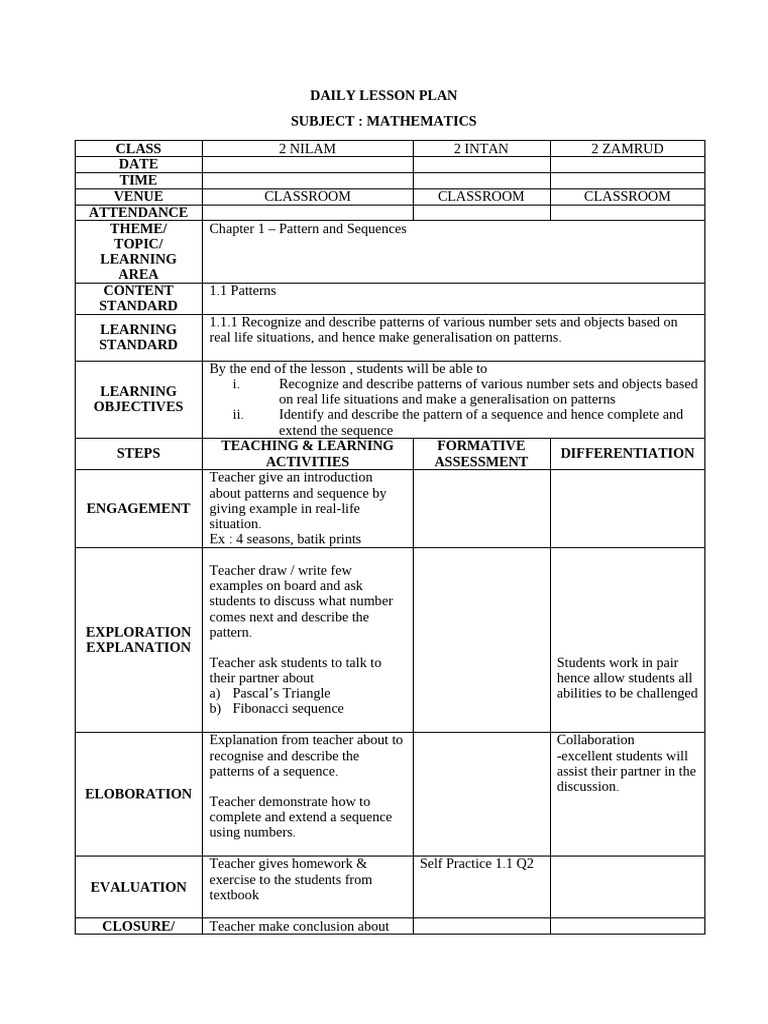 Math Lesson Plan: Patterns & Sequences | PDF | Lesson Plan | Learning