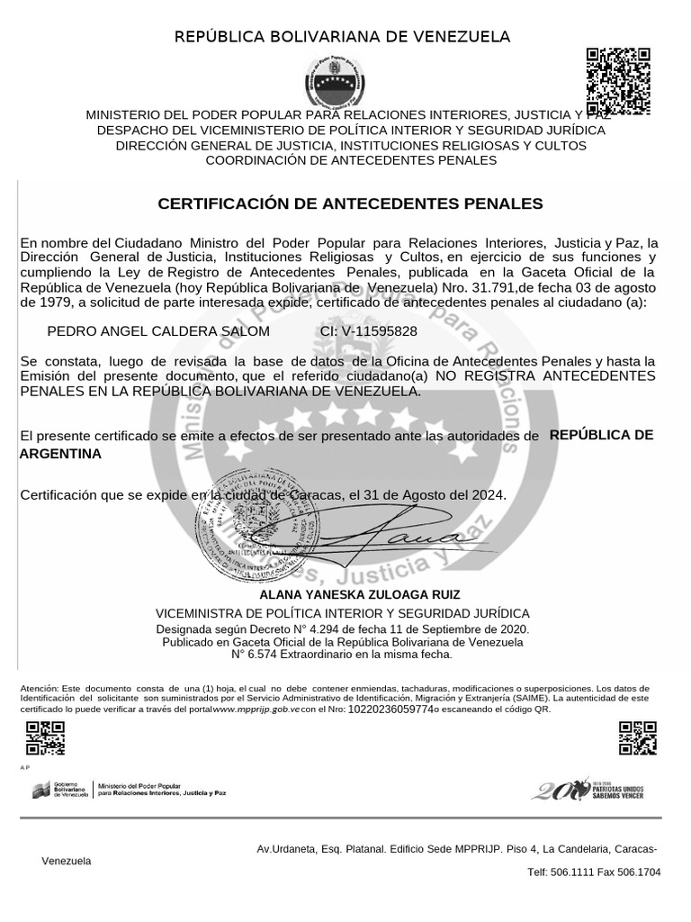 Certificacion de Antecedente Penales | PDF