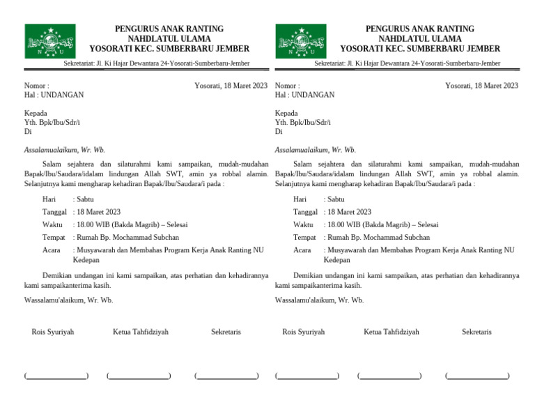 Undangan Musyawarah Anak Ranting NU | PDF