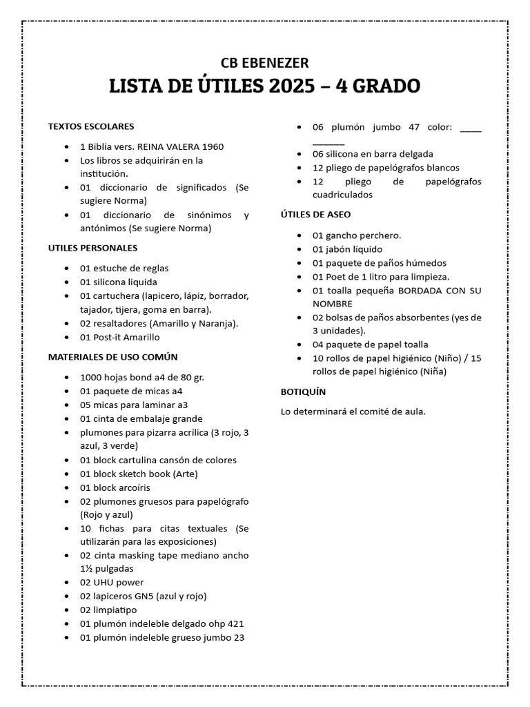 Lista de Útiles 2025 - 4° Grado CB Ebenezer | PDF | Papelería | Arco iris