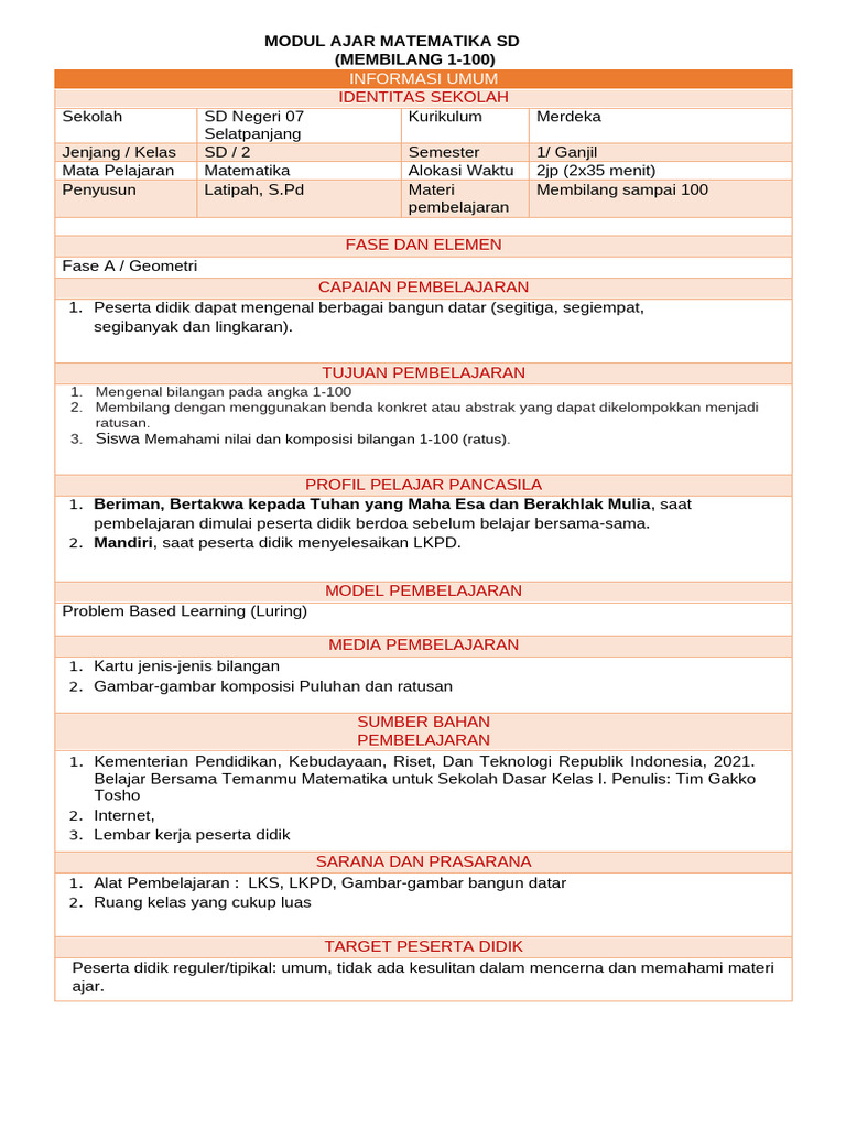 Modul Ajar Bilangan 1 100 Sd Pdf