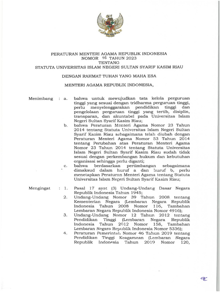 PMA - Nomor 16 Tahun 2023 - Statuta UIN Suska Riau | PDF