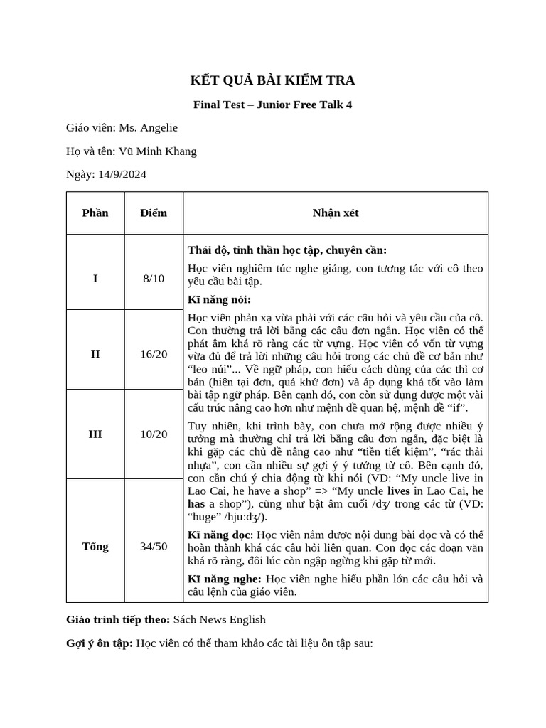 TEST EVALUATION - Vũ Minh Khang | PDF