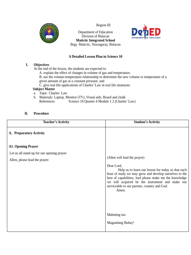 Detailed Science Lesson Plan: Charles' Law | PDF | Gases | Temperature