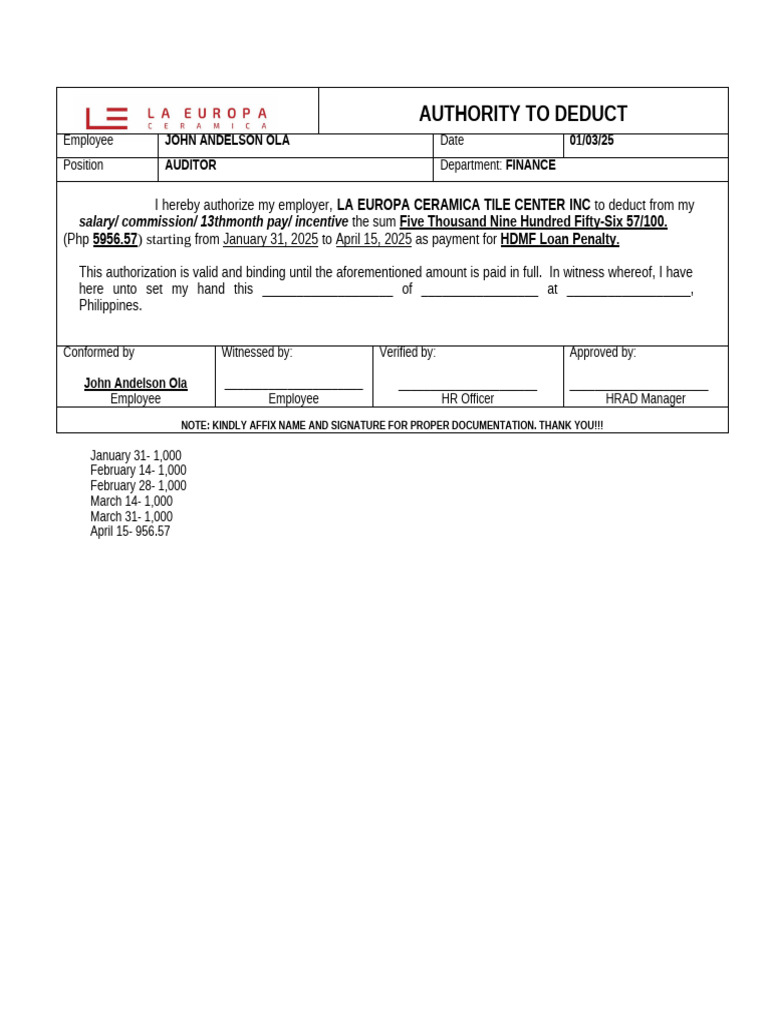 Employee Salary Deduction Authorization | PDF