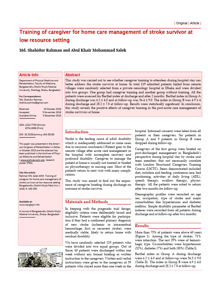 Training of Caregiver For Home Care Management of Stroke Survivor at ...