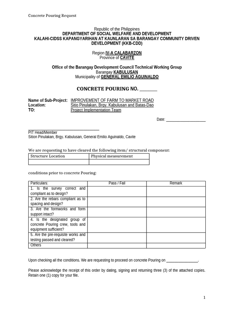 Concrete Pouring Request for Farm Road | PDF