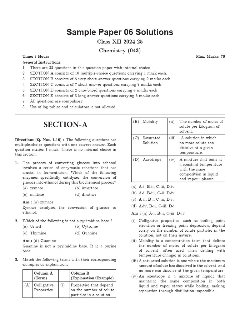 CBSE Class 12 Chemistry Sample Paper Solutions | PDF | Amine | Methyl Group