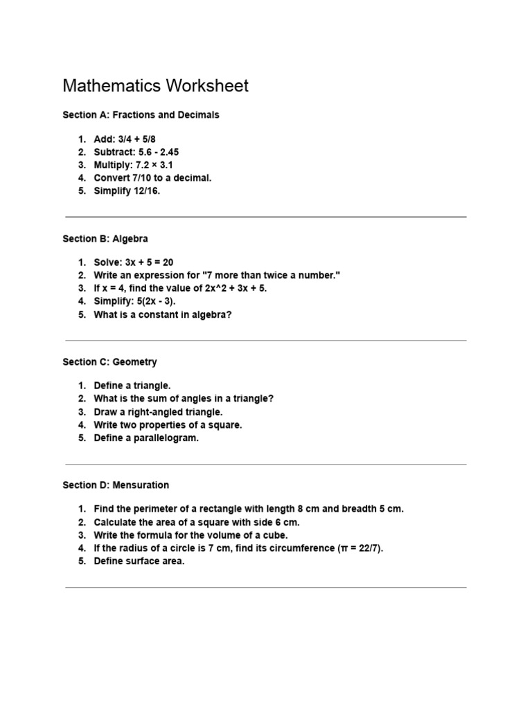 Comprehensive Math Worksheet: Fractions to Geometry | PDF
