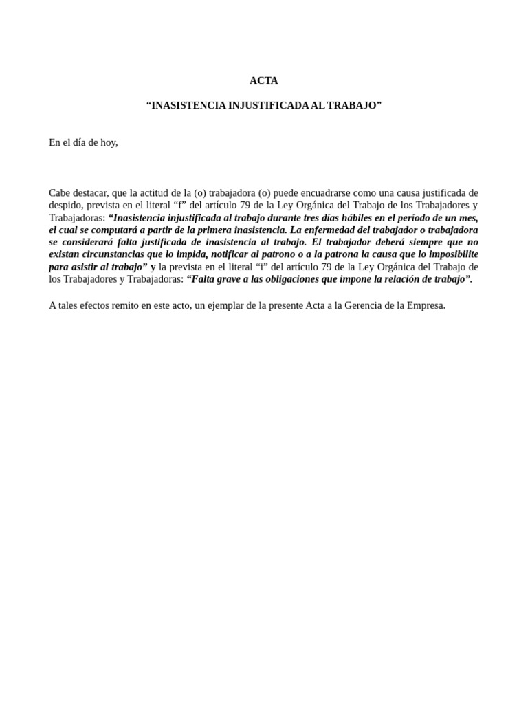 Acta de Inasistencia Injustificada | PDF