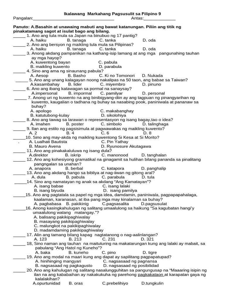 Ikalawang markahang pagsusulit sa filipino 9 3 1 pdf
