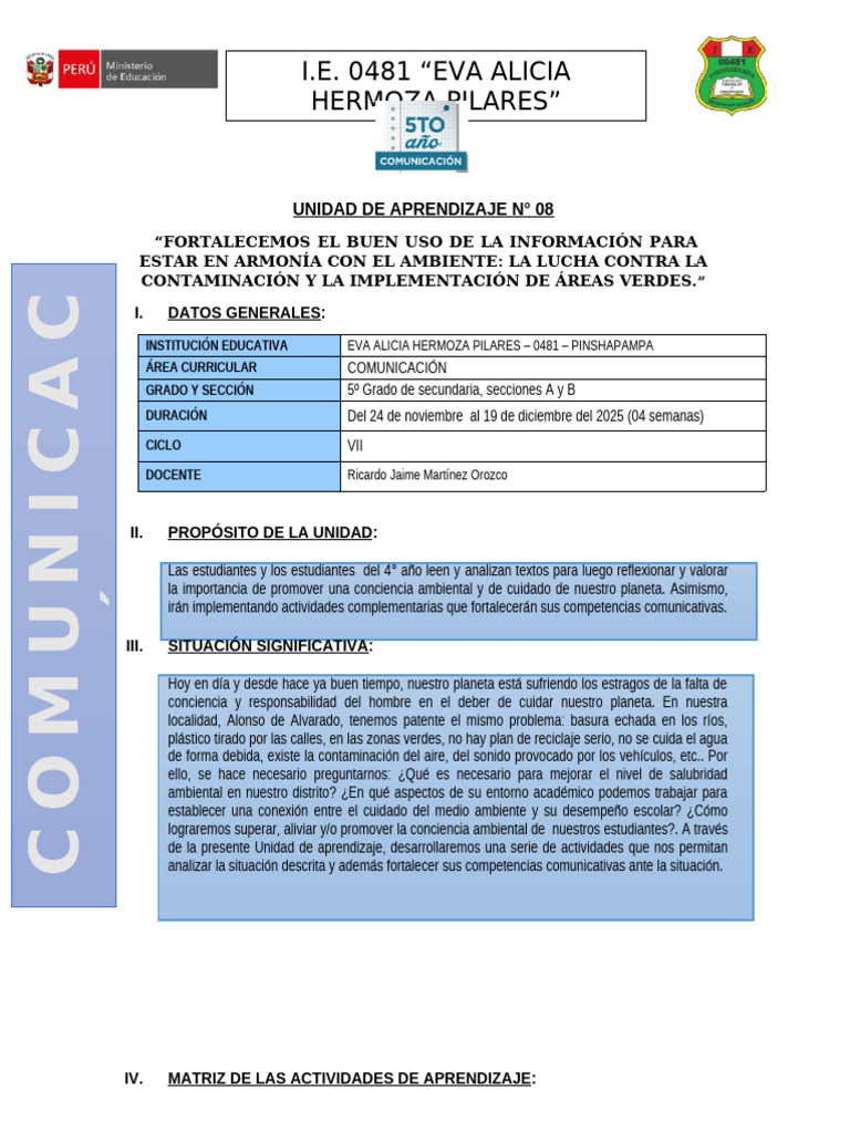 Unidad de Aprendizaje #08 - Com 5° | PDF | Aprendizaje | Entorno natural
