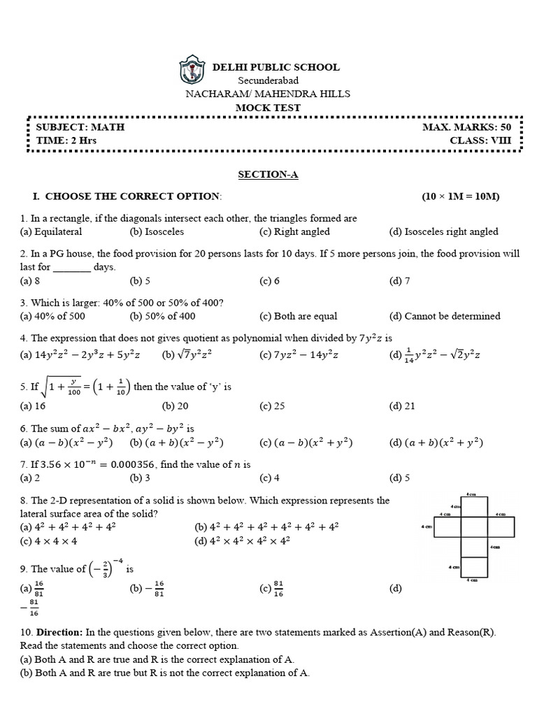 Class 8 Math Mock QP (2024-25) | PDF | Area | Interest