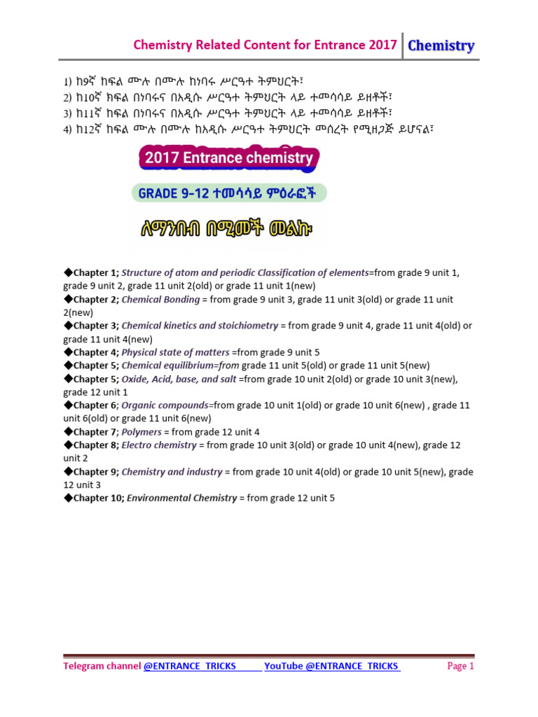 Chemistry Content for Entrance 2017 | PDF
