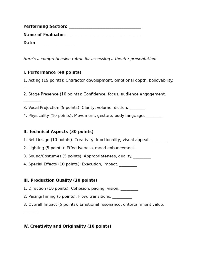 Theater Presentation Evaluation Rubric | PDF