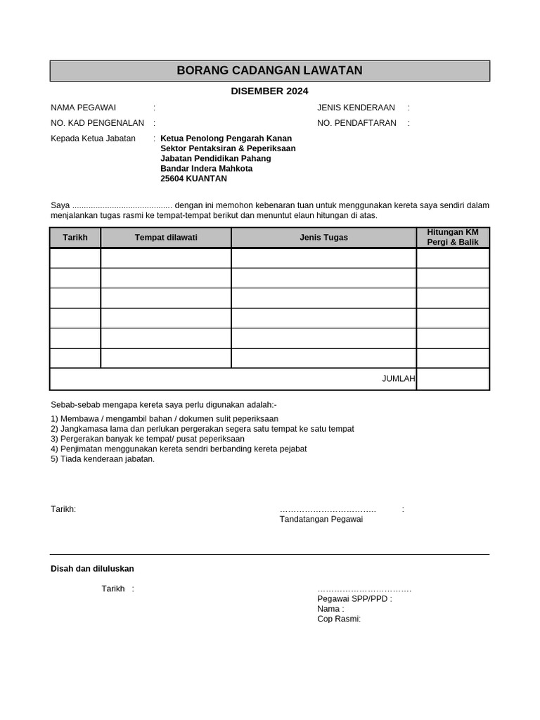 Borang Cadangan Lawatan Kpa Tkpa Pa | PDF