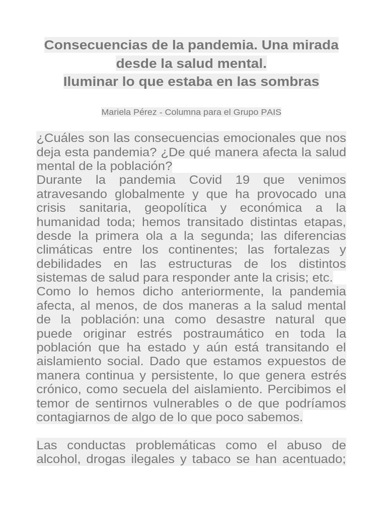 Impacto de la pandemia en la salud mental | PDF | Trastorno mental ...