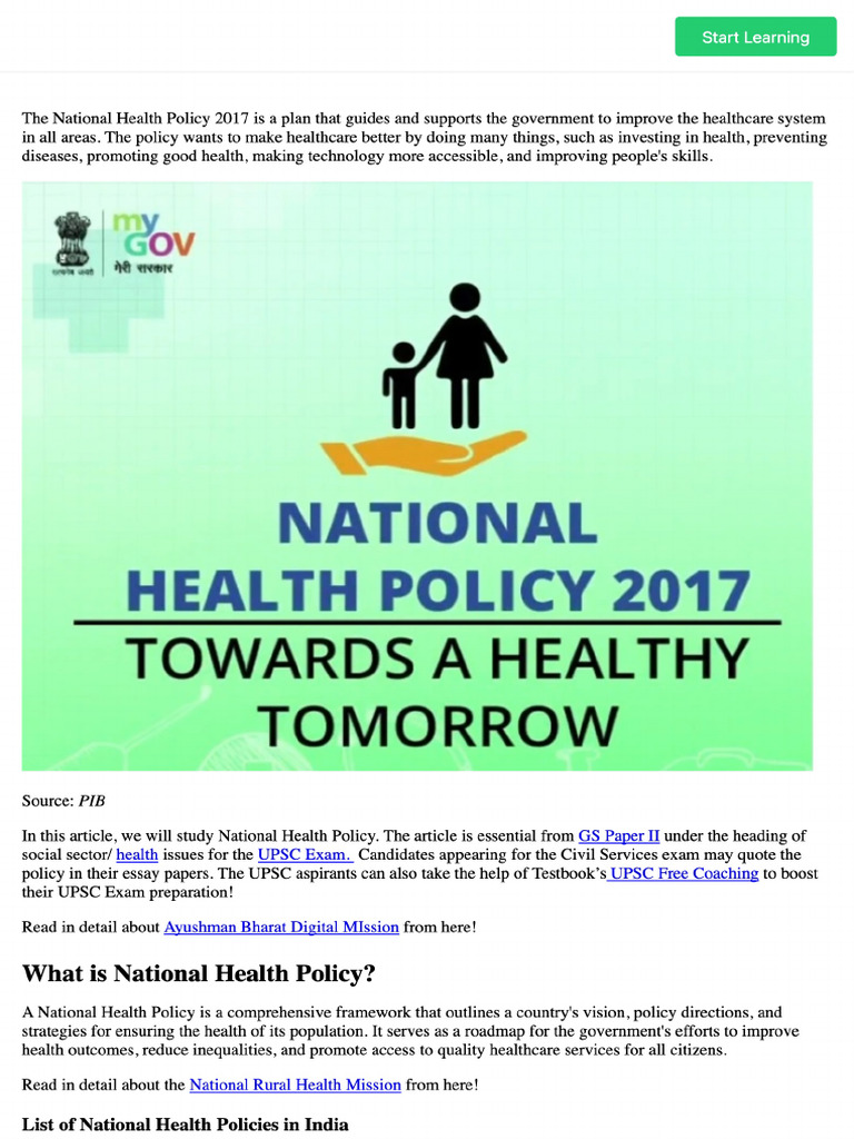 National Health Policy Objective Principles Features Benefit Pdf
