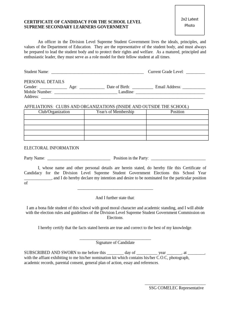 Certificate of Candidacy for SSG Elections | PDF