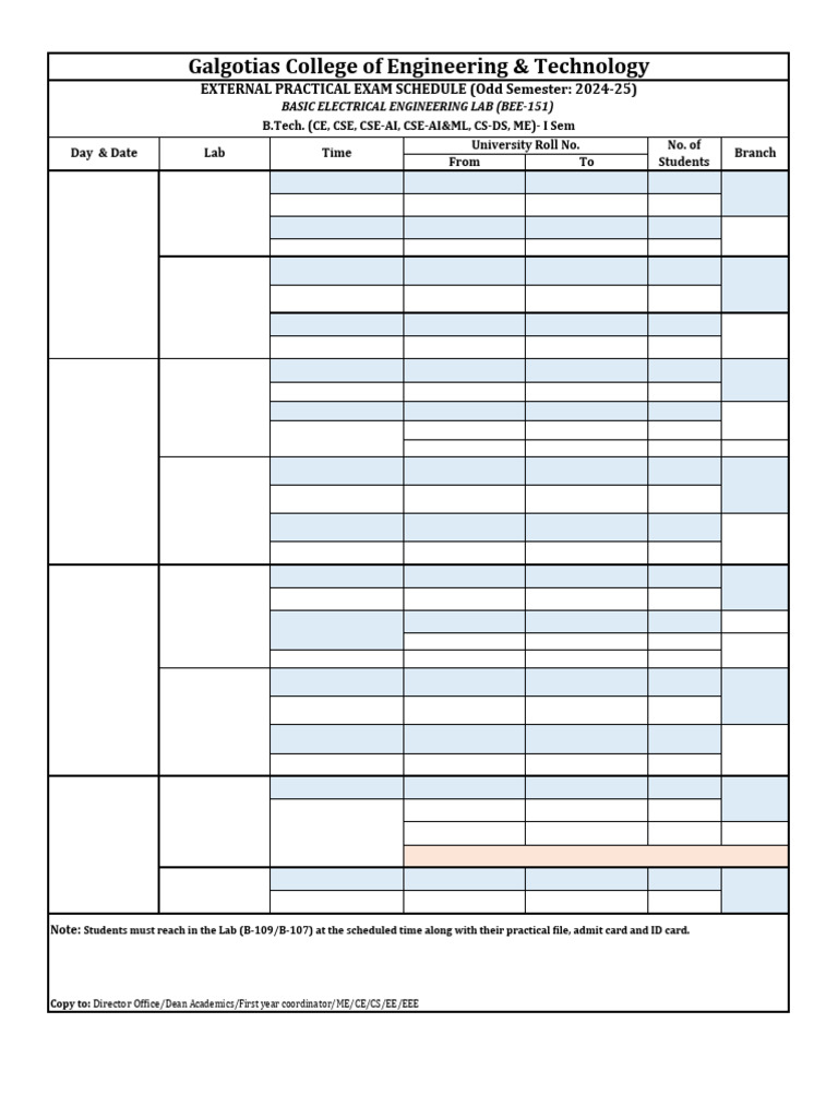 BEE-151 Practical Exam Schedule 2025 | PDF