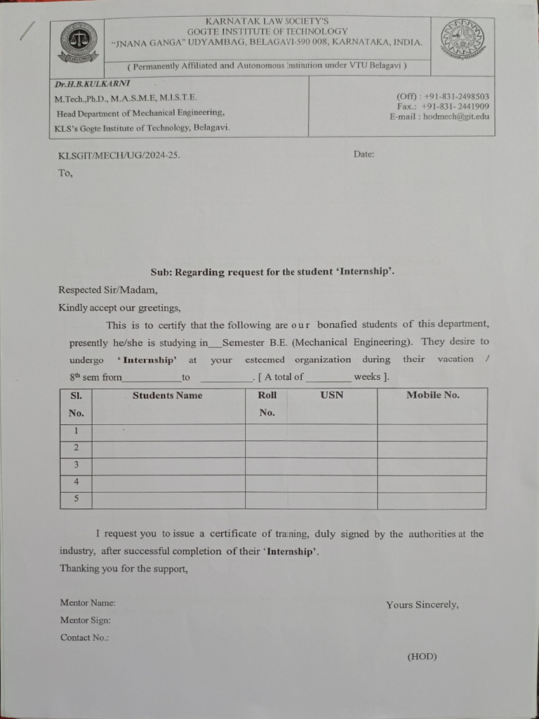 Internship Request for Mechanical Students | PDF