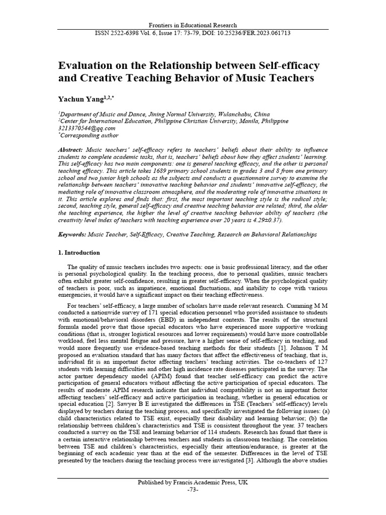 Self-Efficacy and Creative Teaching in Music | PDF | Self Efficacy ...