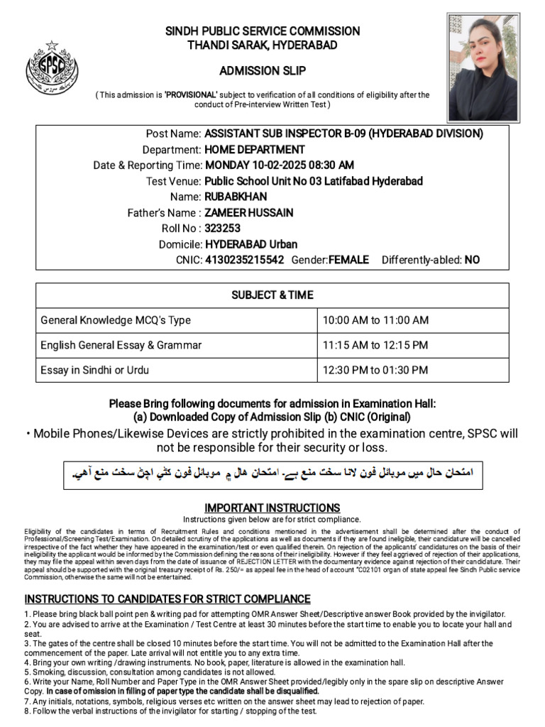 SPSC Admission Slip for ASI Exam 2025 | PDF
