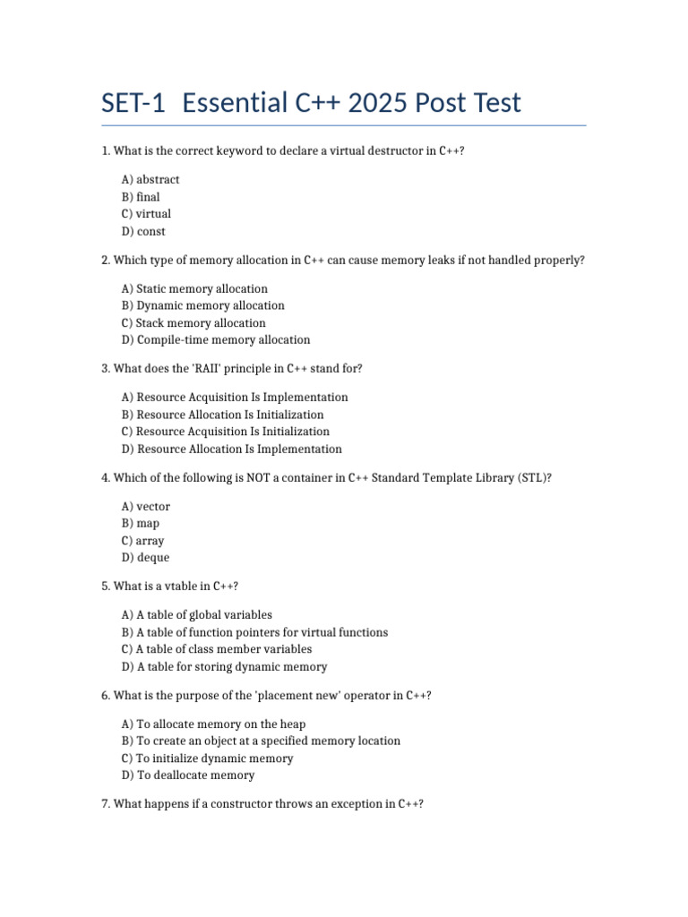 C++ 2025 Essential Post Test Questions | PDF | C++ | Pointer (Computer ...