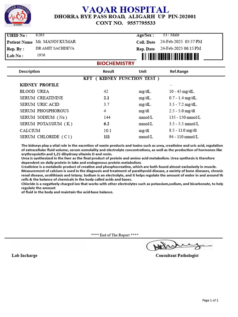 Kidney Function Test Results for Manoj Kumar | PDF | Kidney | Electrolyte