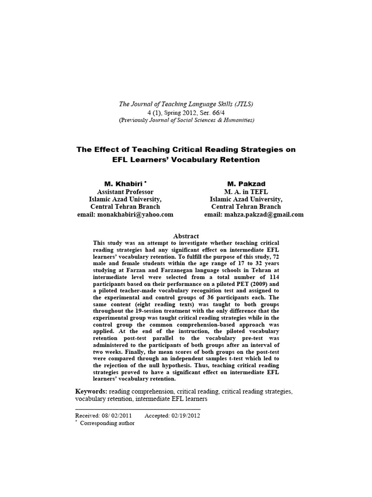 Critical Reading Strategies for EFL Vocabulary | PDF | Reading ...