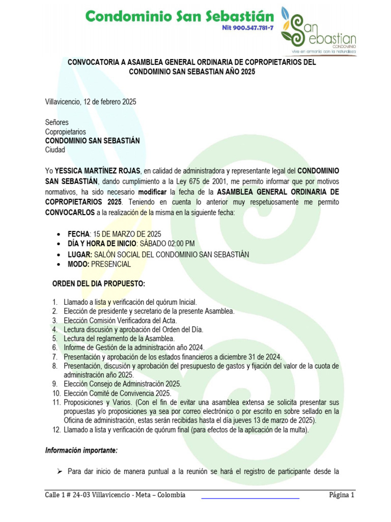 Convocatoria Asamblea Ordinaria Condominio San Sebastián 15-03-2025