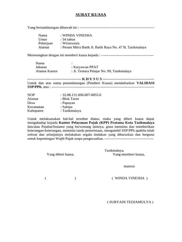 Surat Kuasa Validasi PPh Tasikmalaya | PDF